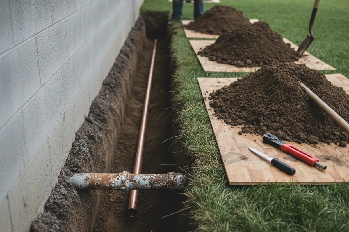 Excavated water line trench during Water Softener Installation in Champlain
